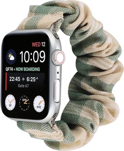 By Qubix - Geschikt voor Apple Watch bandje - Elastisch scrunchie nylon bandje - Khaki / Groen - Geschikt voor Apple Watch 44mm / 45mm / 46mm / 49mm (Ultra 1,2 en 3) - nylon - bandje iWatch