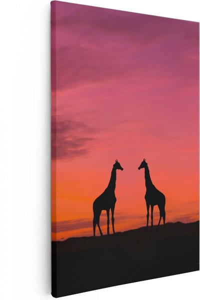 Artaza Canvas Schilderij Zonsondergang - 20x30 cm - Klein - Wanddecoratie Giraffe - Muurdecoratie Afrikaans Schilderij - Schilderijen Op Canvas
