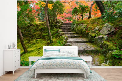 Behang - Fotobehang Natuur - Stenen - Pad - Mos - Japans - Breedte 375 cm x hoogte 280 cm