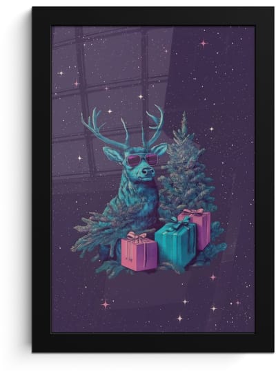 Poster in lijst - Fotolijst 20x30 cm - Posters - Rendier - Zonnebril - Neon - Kerstboom - Posterlijst zwart - Decoratie - Wanddecoratie woonkamer - Muurdecoratie slaapkamer - Kerstversiering - Kerstdecoratie voor binnen - Kerstmis