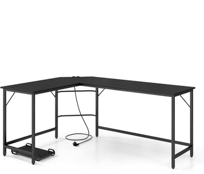 COSTWAY L-vormig bureau met stopcontacten en CPU-standaard, hoektafel, computertafel, bureautafel voor thuiskantoor, 168 x 125 x 74,5 cm (zwart)