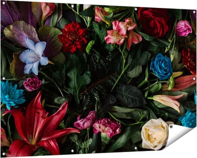 Gards Tuinposter Kleurrijke Bloemen met Groene Bladeren - 150x100 cm - Tuindoek - Tuindecoratie - Wanddecoratie buiten - Tuinschilderij