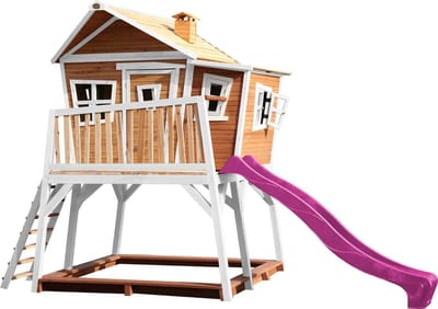 AXI Max Speelhuis in Bruin/Wit - Met Verdieping, Zandbak en Paarse Glijbaan - Speelhuisje voor de tuin / buiten - FSC hout - Speeltoestel voor kinderen