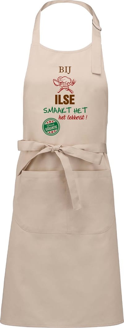 Naamcadeau - Naamschort - Keukenschort met je naam - Kookschort - verjaardag - moederdag - beige - het smaakt het lekkerst bij: Ilse