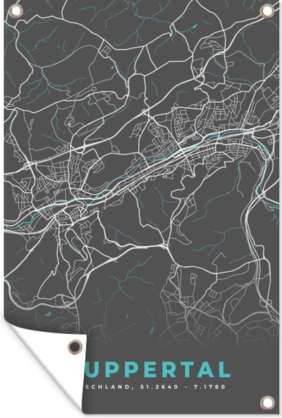 Muurdecoratie Wuppertal – Stadskaart – Blauw – Plattegrond – Stadskaart – Kaart - Duitsland - 120x180 cm - Tuinposter - Tuindoek