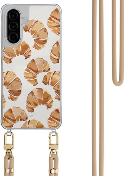 Hoesje met koord geschikt voor Samsung Galaxy A36 - Croissant - Inclusief Beige koord - Crossbody beschermhoes - Transparant, Bruin - Mooie Telefoonhoesjes