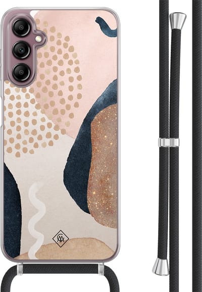 Casimoda® hoesje met koord - Geschikt voor Samsung A14 - Abstract Dots - Afneembaar koord - TPU/acryl - Bruin/beige