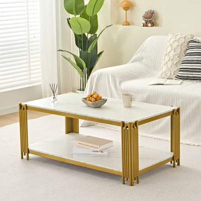 Salontafel - 114x64x46 cm - Marmerlook Rechthoekig - Stevige Metalen Poten - Metaal - Wit en Goud