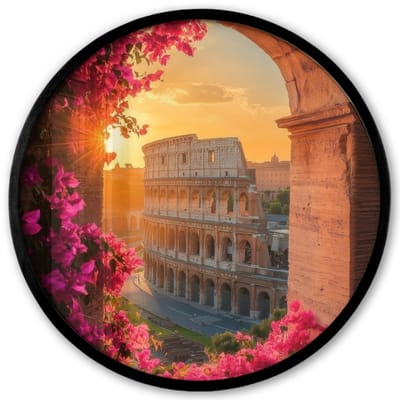 Poster in lijst Rond - Fotolijst 40x40 cm - Posters - Colosseum - Rome - Roze Bloemen - Ronde posterlijst zwart - Decoratie - Wanddecoratie woonkamer - Muurdecoratie slaapkamer