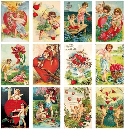Allecta - Vintage Valentijnsdag wenskaarten set met 12 stuks ansichtkaarten cadeau bericht - liefde antiek retro ansichtkaart voor Valentijnsdag.