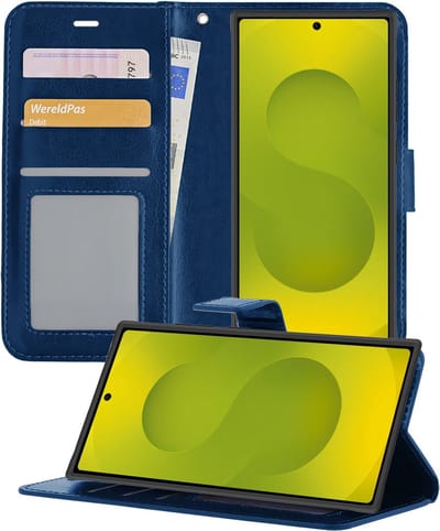 Hoesje - Met Pasjeshouder - Geschikt voor Samsung Galaxy S25 Ultra - Luxe Bookcase Portemonee - Flip Case - Kunstleer Book Case - Flipcase - Book Cover - Walletcase - Portemonneehoes - Telefoonhoesjes - Donkerblauw