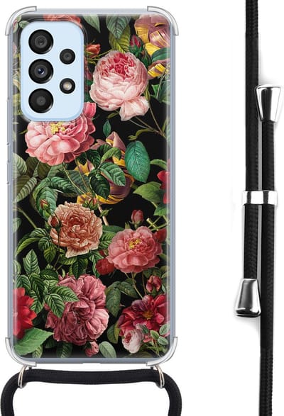 Hoesje met koord - Geschikt voor Samsung Galaxy A53 - Rode bloemen - Verstelbaar zwart koord - Crossbody - Bloemen - Transparant - Leuke Telefoonhoesjes