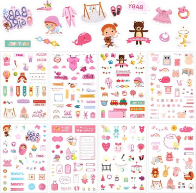 8 Bladen Schattige Scrapbook Stickers voor Baby Meisjes, Diverse Patronen, Creatieve Knutselbenodigdheden voor Baby Shower en Zwangerschapsplanners