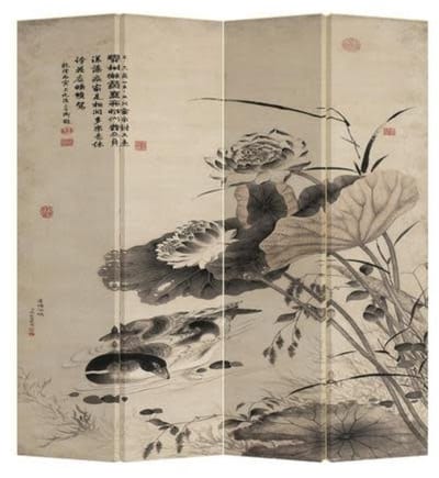 Fine Asianliving Chinees Kamerscherm Oosters Scheidingswand B160xH180cm 4 Panelen Eendjes in Lotuspond
