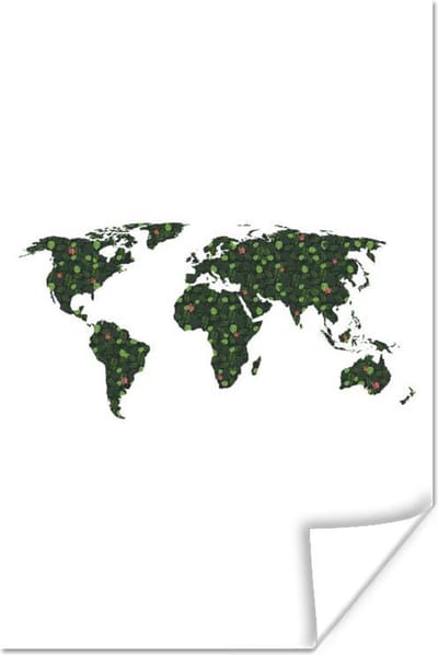 Poster 120x180 cm - Wereldkaart - Planten - Tropisch - Posters - Kamer decoratie - Wanddecoratie woonkamer - Muurdecoratie slaapkamer XXL