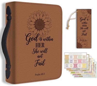 Dailygoods - Bijbelhouder Etui voor School Kantoor Zonnebloem Sketch Bijbelbeschermer met Handvat Bladwijzer Vintage Bijbels Etui met Rits en Label Stickers voor Studenten Volwassenen Bruin PU Leer Tas