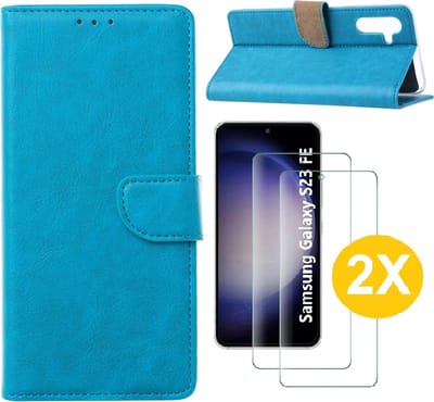 Hoesje Geschikt Voor Samsung Galaxy S23 FE hoesje bookcase Blauw Met screenprotector / 2X Beschermglas