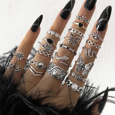 21 Stuks Vintage Gotische Ringen Set Voor Vrouwen Retro Vlinder Slangenoog Bedel Vingerring Vrouwelijk Punk Mode Feestsieraden gray