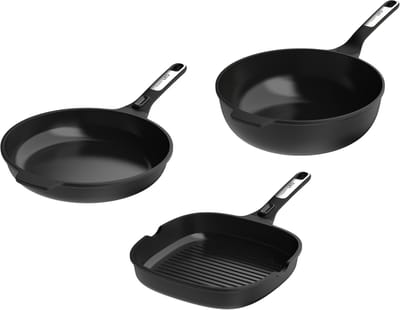 Phantom Pannenset – Braadpan Ø 28 cm – Grillpan Ø 26 cm – Wokpan Ø 30 cm – Keramische Antiaanbaklaag – PFAS-vrij – Met Aluminium Deksel – Alle Kookplaten, Inclusief Inductie - - PFAS-vrij