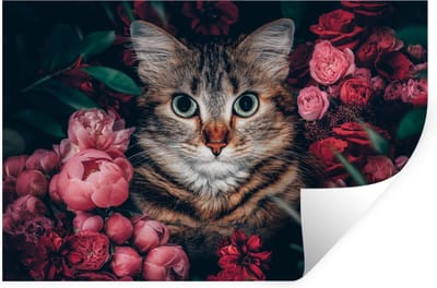 Muurstickers - Sticker Folie - Kat - Bloemen - Bladeren - Botanisch - 30x20 cm - Plakfolie - Muurstickers Kinderkamer - Zelfklevend Behang - Zelfklevend behangpapier - Stickerfolie