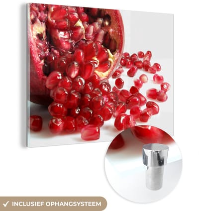 ® Glasschilderij 160x120 cm - Schilderij acrylglas - Granaatappel - Zaad - Wit - Foto op glas - Muurdecoratie woonkamer - Wanddecoratie slaapkamer - Schilderijen