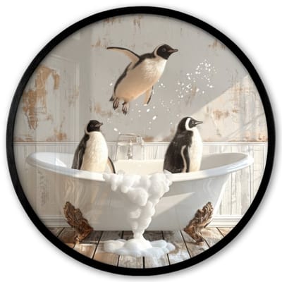 Poster in lijst Rond - Fotolijst 40x40 cm - Posters - Vintage - Pinguïn - Badkuip - Schuim - Ronde posterlijst zwart - Decoratie - Wanddecoratie woonkamer - Muurdecoratie slaapkamer