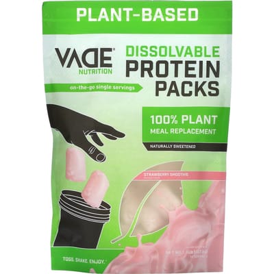 Vade Nutrition, Oplosbaar Eiwit Pakket, 100% Plantaardige Maaltijdvervanger, Aardbei Smoothie, 1,34 lb (607,6 g)