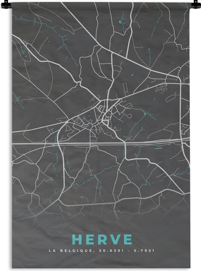 Wandkleed - Wanddoek - Stadskaart – Grijs - Kaart – Herve – België – Plattegrond - 120x180 cm - Wandtapijt