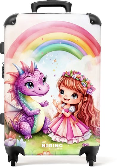 NoBoringSuitcases.com® - Kinderkoffer meisje - Kindertrolley meisjes - Meisje met paarse draak onder regenboog - Koffer kind groot - Rolkoffer lichtgewicht - Reiskoffer met 4 wielen - Grote trolley XL - 20 kg bagage