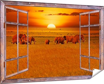 Gards Tuinposter Doorkijk Olifanten in het Wild - Zonsondergang - 180x120 cm - Tuindoek - Tuindecoratie - Wanddecoratie buiten - Tuinschilderij