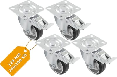 AMIG Zwenkwielen Met Rem 125mm Set van 4 - 360kg Rubber Meubelwiel Rollager