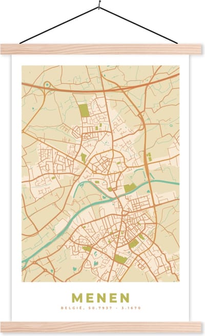 Posterhanger incl. Poster 40x60 cm - Schoolplaat - Vintage - Menen - Kaart - Stadskaart - Plattegrond - Textielposter - Blanke latten - Stadskaart