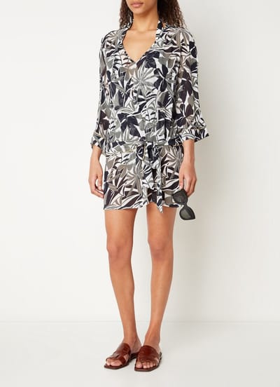 Aubade Beach Paradise strandtuniek met print en strikceintuur - Zwart/ Wit/ Groen - Maat M