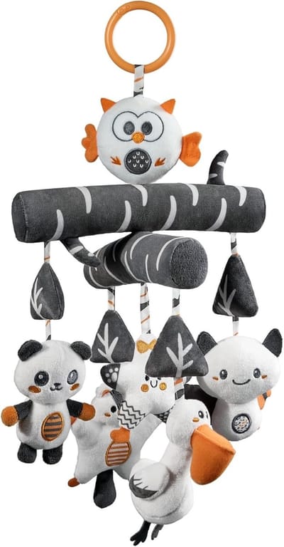 Speelgoed voor Baby's van 0 tot 12 Maanden, Contrast Zwart Witte Speelboog met Geluid, Knuffeldier Hangend Speelgoed voor Jongens en Meisjes