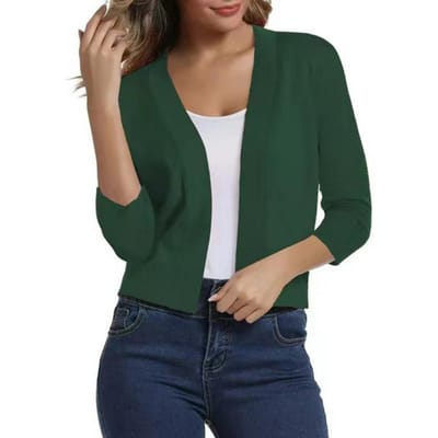 Dames Gebreide Vest Kraagloos 3/4 Mouw Kort Gebreid Jasje Effen Kleur Open Steken Gebreide Bovenkleding Hoge Kwaliteit Praktisch Dagelijks Gebruik M groen