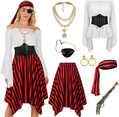 Vrouwelijk Piratenkostuum met Off Shoulder Design, Corset, Hoofddoek en Accessoires voor Carnaval en Themapartijen