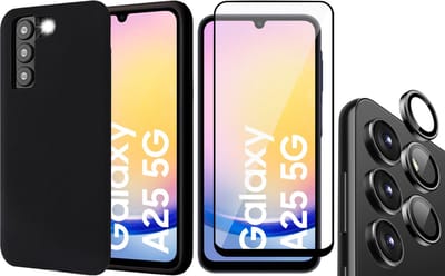 Hoesje geschikt voor Samsung Galaxy A25 / A24 - Screenprotector Volledig Dekkend Glas & Camera Protector - Mat Back Case Zwart