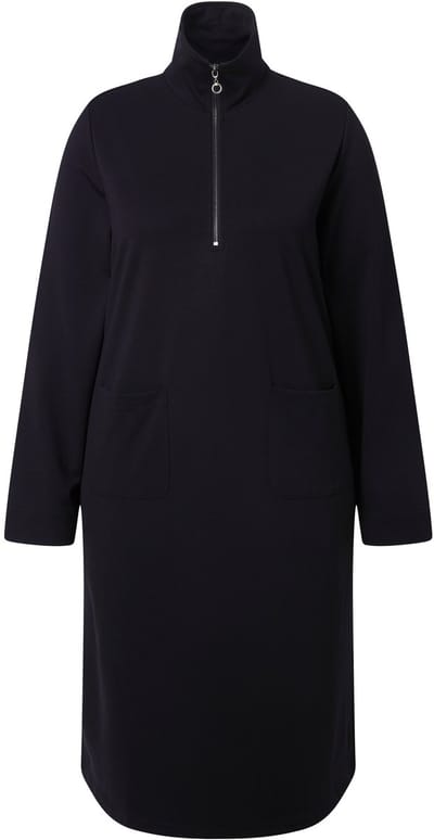Ulla Popken - Dames - Jurk troyerkraag lange mouwen zakken - Zwart - Maat 46+