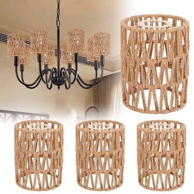 Boho Lampenkappen Set van 4 - Henneptouw en Metaal - 12 x 12 x 15 cm - Decoratieve Lampenkappen voor Staande Lampen, Tafellampen en Hanglampen