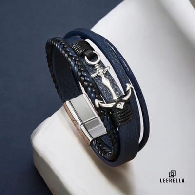Leerella Leer Armband met Anker Bedel - Blauw - Stijlvolle Armband voor Dames en Heren 21cm