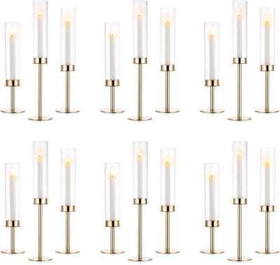 Kaarsenstandaard Set - Winddichte houders - Sfeervolle Decoratie - Drie Hoogtes - 18 Stuks - Goud