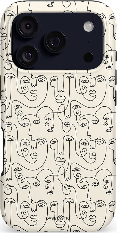 Casetastic hoesje geschikt voor Apple iPhone 17 Pro - MagSafe - Dubbellaagse bescherming - Art Deco Creme Abstractie Lijntekening Gezichten - Fashion Case - Zilver Crème Wit