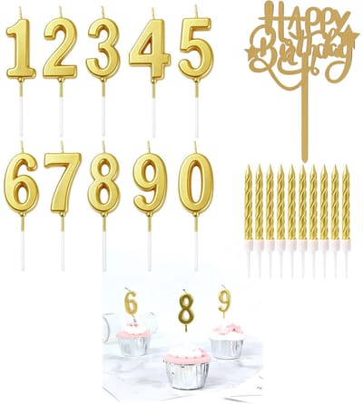 Set van 21 verjaardagskaarsen, inclusief 10 cijferkaarsen van 0-9 en 10 gouden spiraalkaarsen met houder, hoogwaardige waskaarsen voor stijlvolle verjaardags-, huwelijks- en feestdecoraties