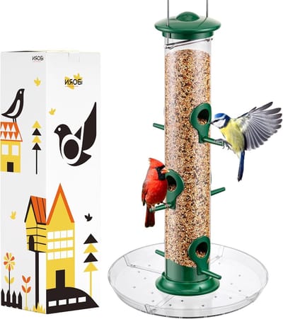 Buitenvoederhuis voor vogels met 6 openingen, geschikt voor kardinalen, van duurzaam aluminium in groene afwerking, 35 cm hoog