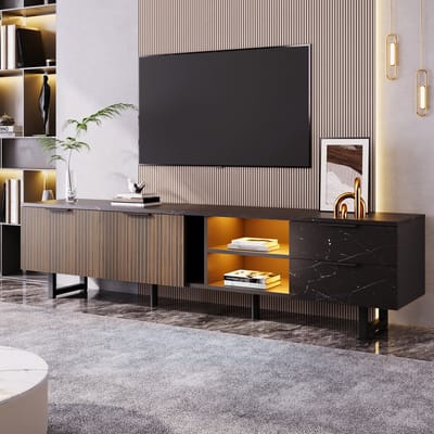 FloraGrace Tv Meubel - Met Kleurrijke Led Verlichting En Veel Opbergruimte - Voor Woonkamer - MDF Zwart En Houtlook - 200x38x50 Cm