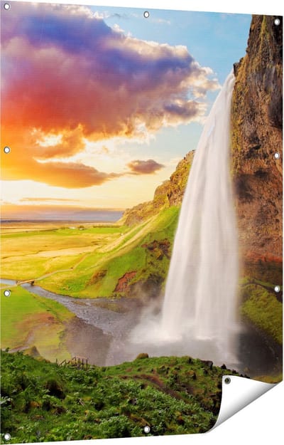Gards Tuinposter Waterval in IJsland met Zonsondergang - 90x120 cm - Tuindoek - Tuindecoratie - Wanddecoratie buiten - Tuinschilderij