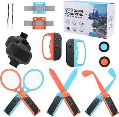 Sportaccessoires Set 18-in-1 voor Nintendo Switch 2 van MMOBIEL – Familie Accessoires Kit met Tennisrackets, Golfclubs, Zwaarden, Pols- en Beenbandjes, Duimkapjes, Polsbandjes & Meer