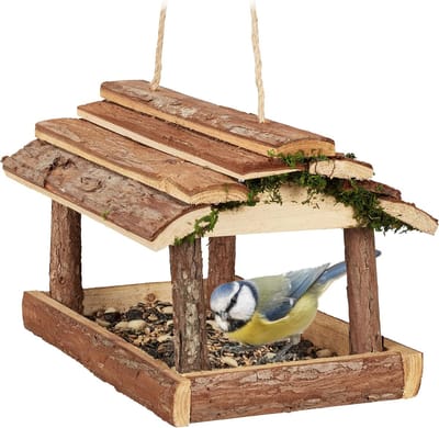 Famanu – hangend vogelvoederhuisje, met schors en mos, HBD: 19x21x23 cm, voederhuisje voor kleine tuinvogels, naturel