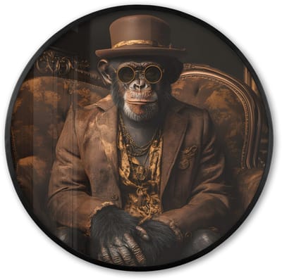 Poster in lijst Rond - Fotolijst 60x60 cm - Posters - Chimpansee - Stoel - Pak - Bruin - Ronde posterlijst zwart - Decoratie - Wanddecoratie woonkamer - Muurdecoratie slaapkamer