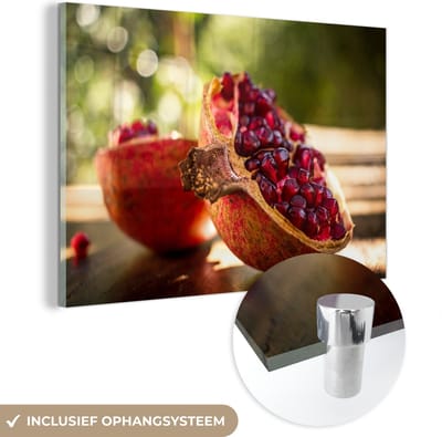 ® Glasschilderij 180x120 cm - Schilderij acrylglas - Granaatappel - Picknicktafel - Lente - Foto op glas - Muurdecoratie woonkamer - Wanddecoratie slaapkamer - Schilderijen